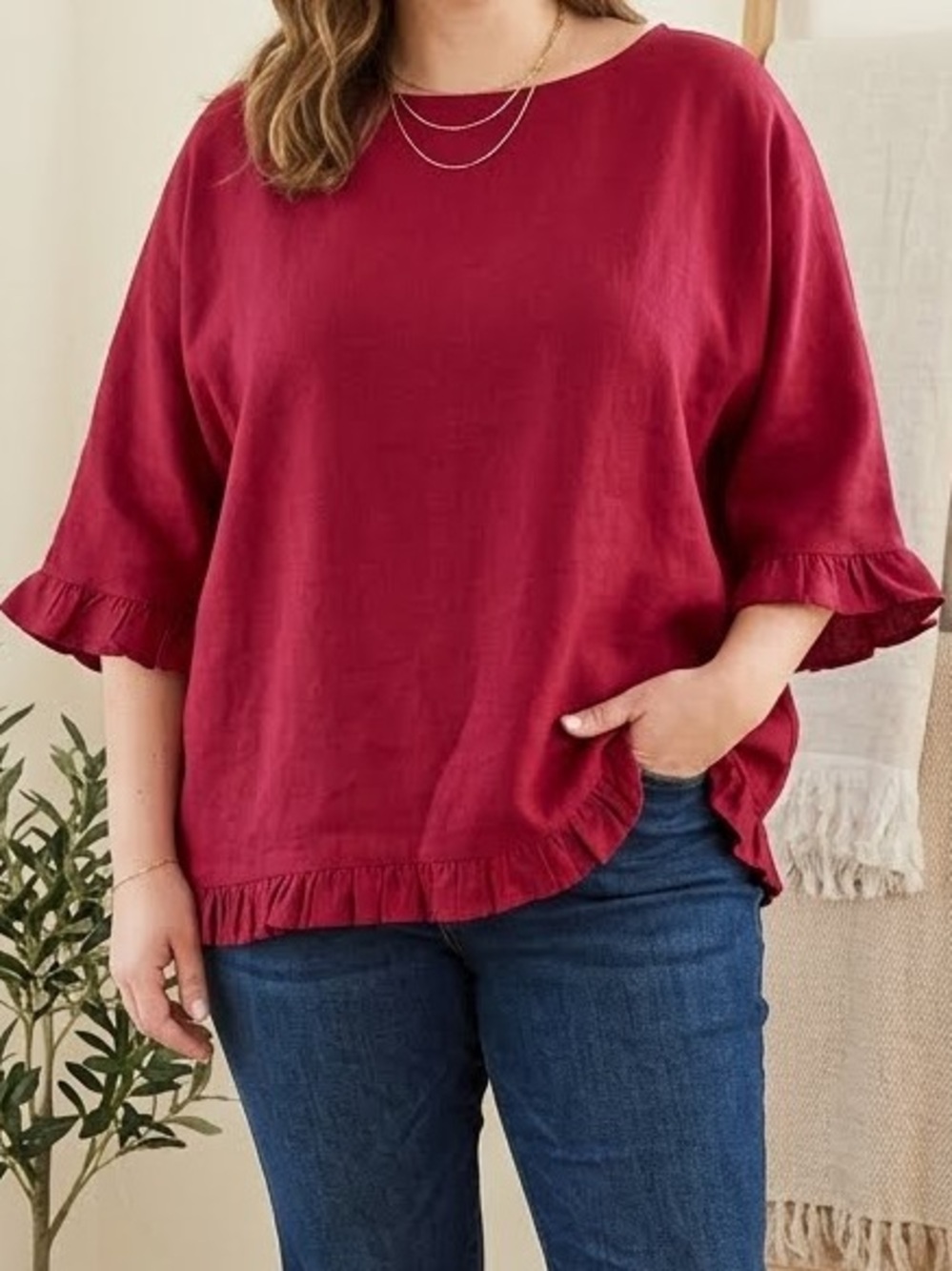 Blouse Top Keyhole Burgundy Red Ruffle-Hem Cotton Short Sleeve Fits XL 1X No Tag